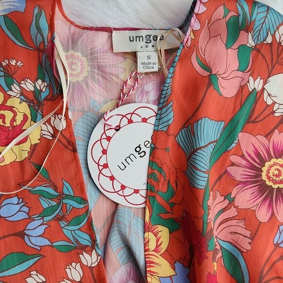 UMGEE U.S.A. NWT Tangerine & Light Blue Floral Side-Slit Tie-Waist Kimono size S - Picture 5 of 7